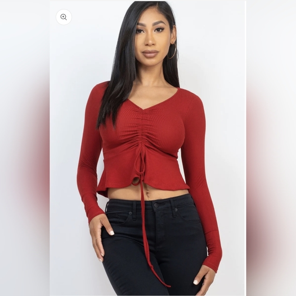 Women's Ribbed Drawstring Peplum Top - Picture 2 of 5